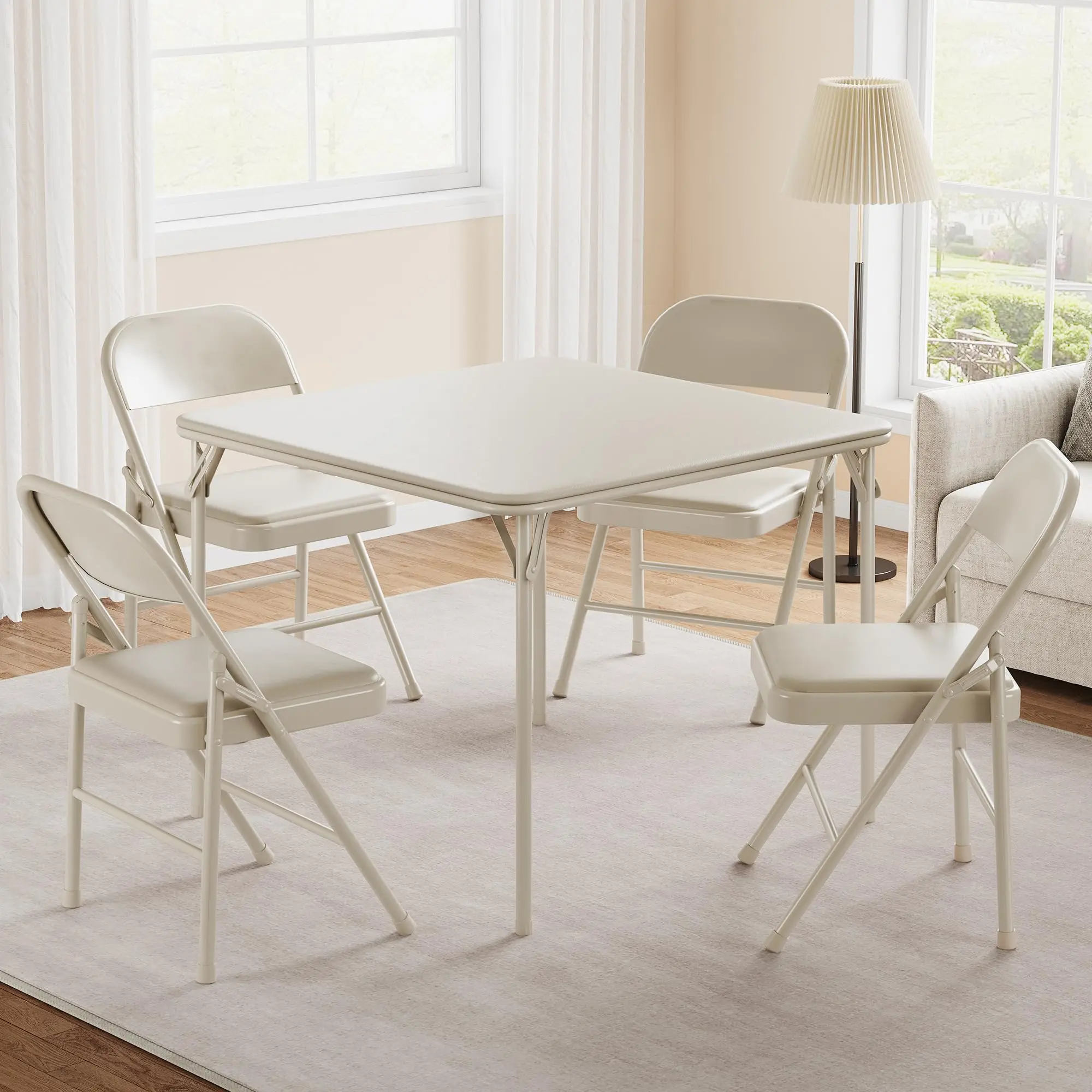 5 Piece Folding Dining Table Set for 4, Space Saving Dining Table and Chairs Set with Square Folding Table and 4 Folding Chairs, PU Padded Metal Frame Dining Set for Small Apartment, Kitchen, Living Room, Balcony, Camping, Beige