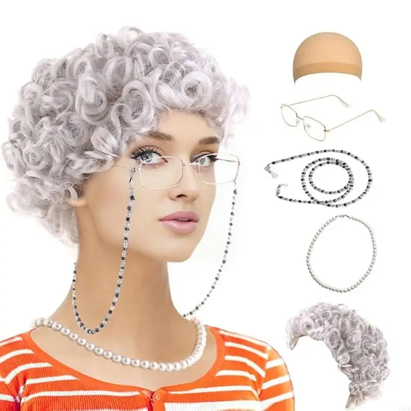 100 Days of School Fancy Granny Kostuumset Gray Old Lady Pruik Granny Glazen Parelsketting Glazen ketting