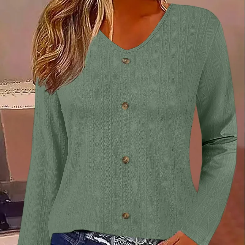Spring Autumn Women's Pullover V-neck Solid Button Tie Flowers Long Sleeve T-shirt Underlay Fashion Office Lady Casual Tops