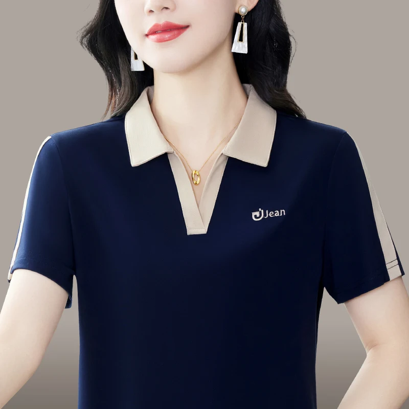 

Модная повседневная футболка с воротником и коротким рукавом для женщин, лето 2025: Новая универсальная спортивная футболка для отдыха, летняя одежда