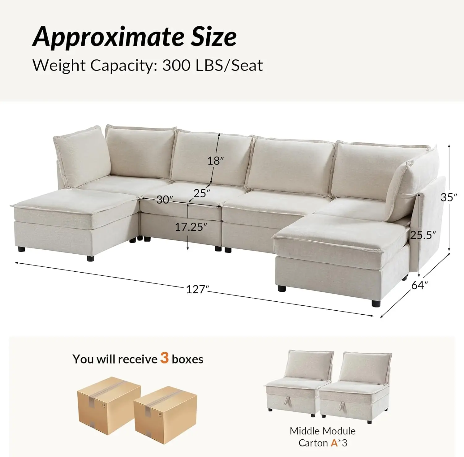 

127'' Modular Sectional Sofa, Oversized U Shaped Couch with Storage Ottoman, Extra Deep Seat,