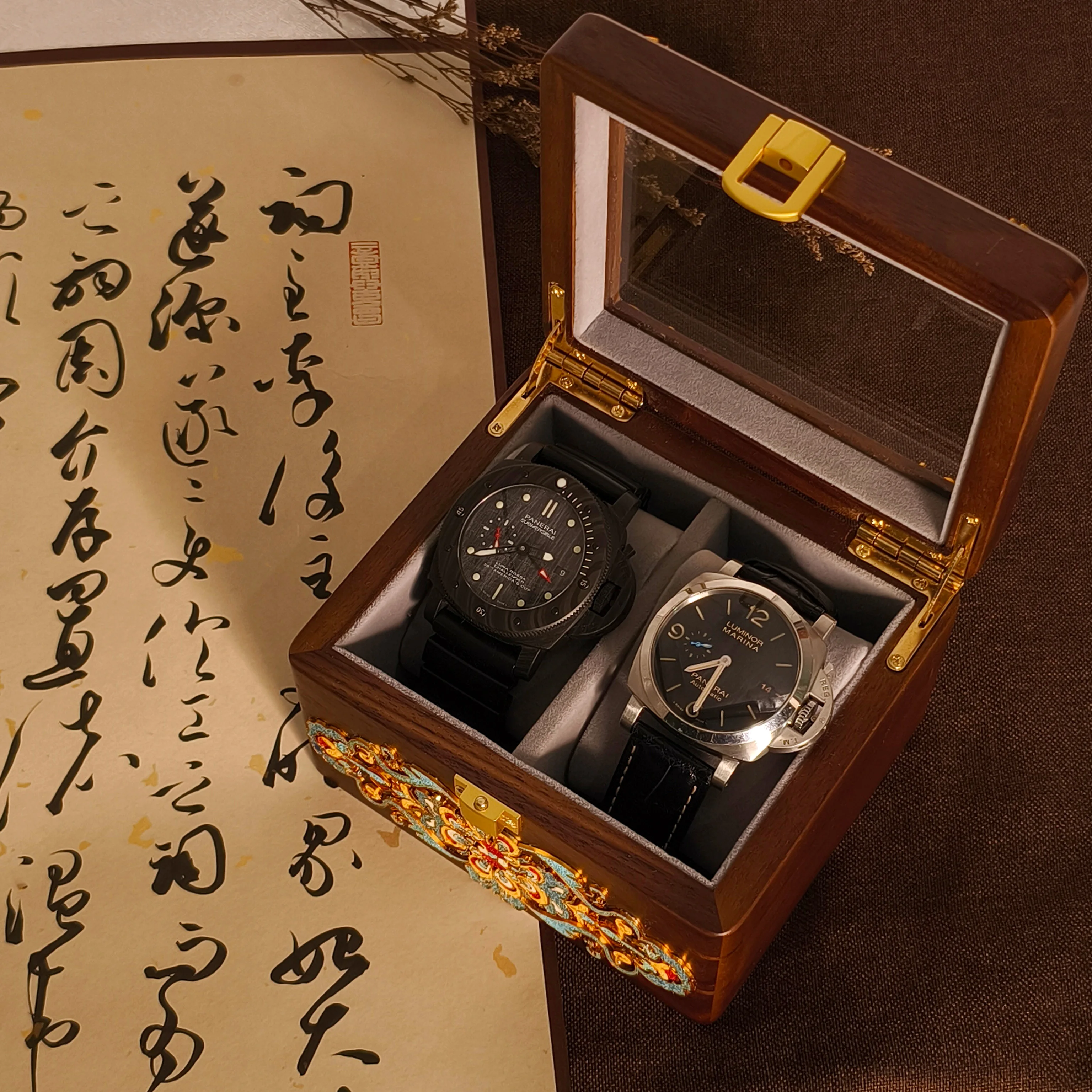 Luxury Handmade Cloisonne Walnut Wood Watch Box - 2-Watch Display & Storage Case