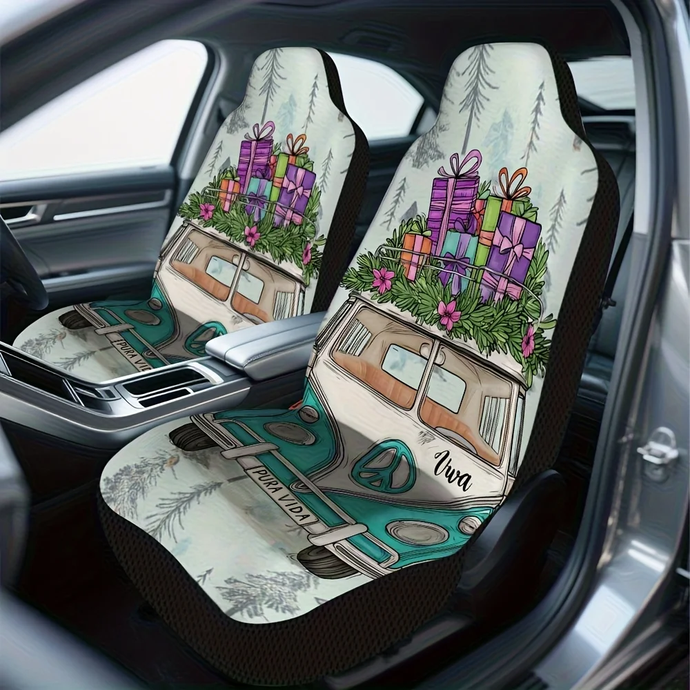 2pcs, Christmas Peace Van Pattern Car Seat Covers, Elegant Front Seat Covers For Modern Car Design, Everyday For Driver And Pass