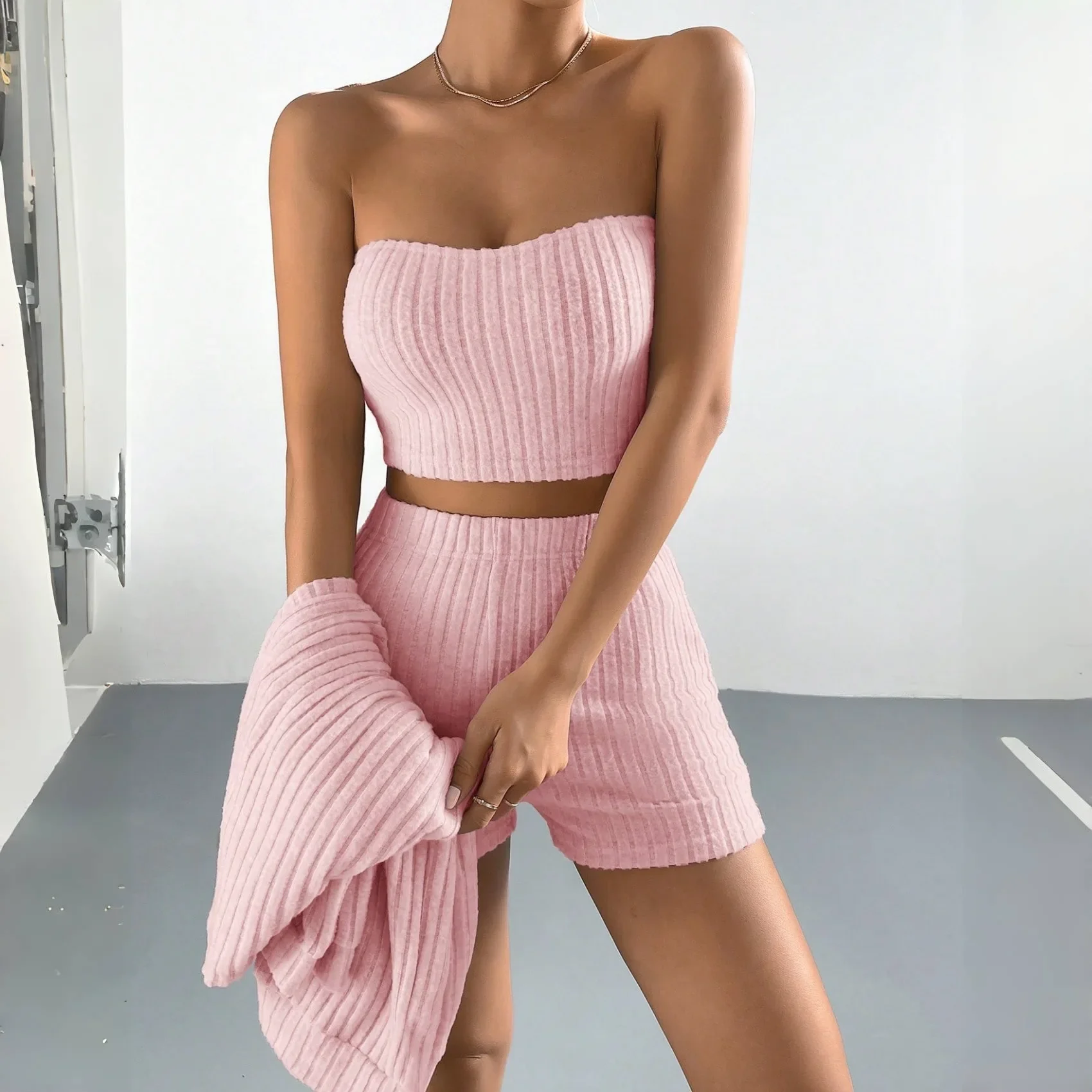 Autumn and Winter Women's Pajama 3-Piece Set Sexy Soft Ribbed Brushed Long-Sleeve Jacket + Bralette + Shorts Fashion Homewear