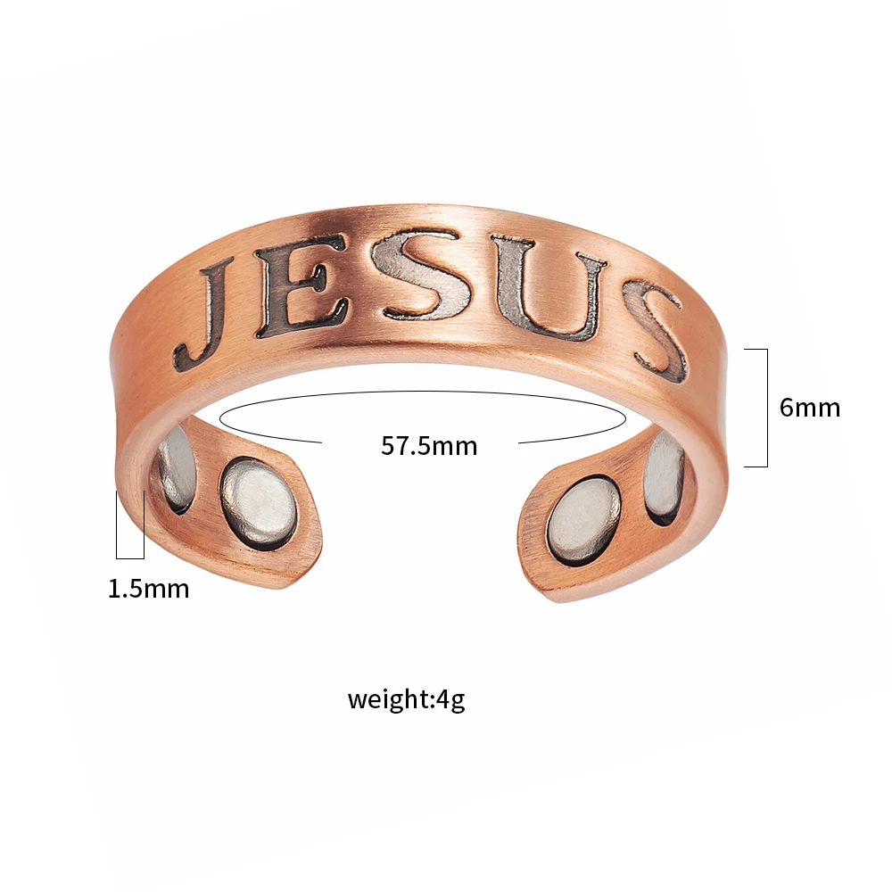 Wollet Antique Copper Ring for Women's with Magnetic Round Jesus Letter Resizable with Magnet