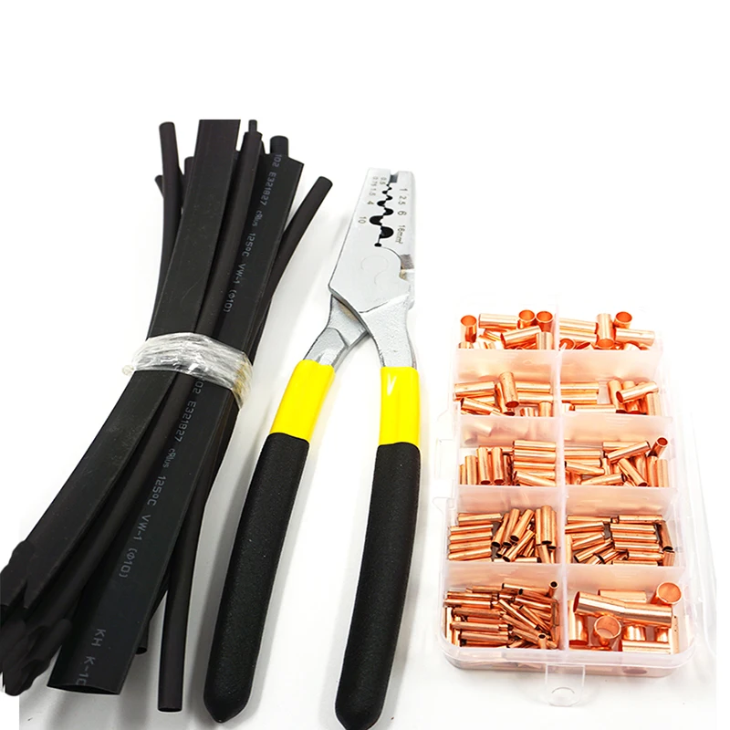 210PCS  GT Copper connecting pipe wire joint small copper tube  Terminal Cable Lug diameter 1.5-8mm  with heat shrink tube plier