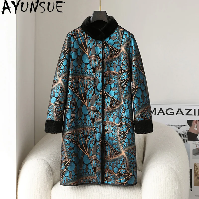 AYUNSUE 100% Wool Fur Coat Women Clothes Winter Jacket Warm Mink Fur Collar Mid-length Sheep Shearling Coats Woman 2025 Printed