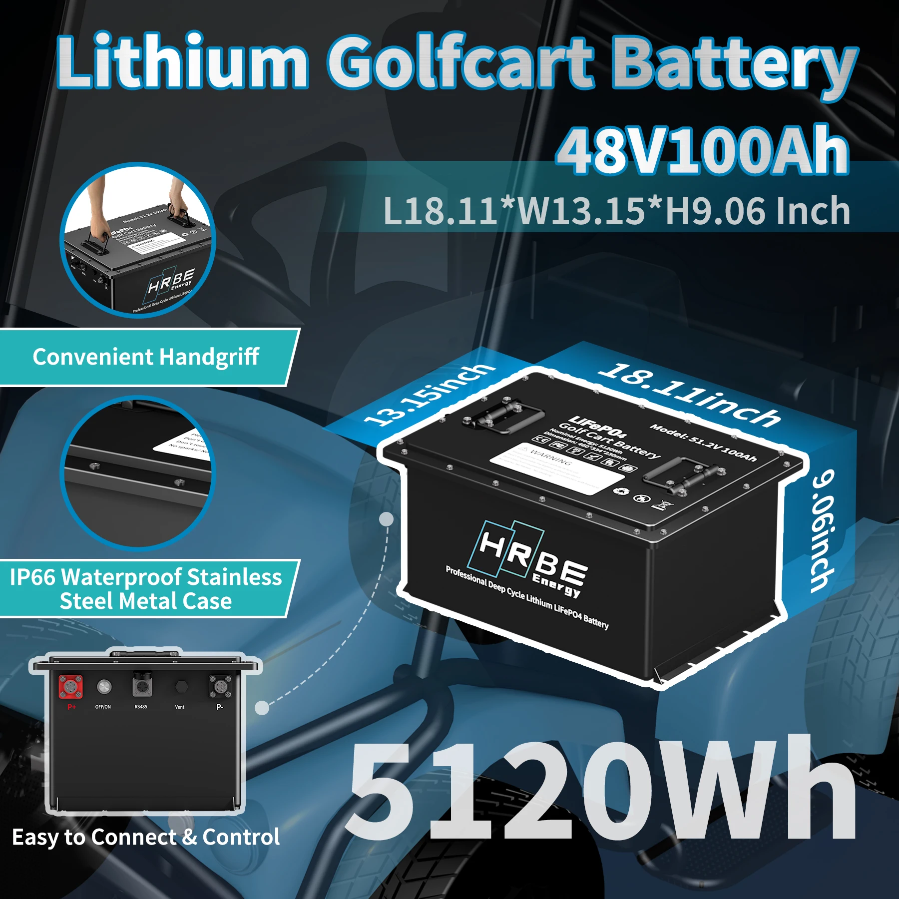 

HRBE Smart Lithium Golf Cart Battery 48V 100Ah 105Ah 200Ah Lifepo4 Golf Cart 48Volt Batteries Golf Car Battery Pack