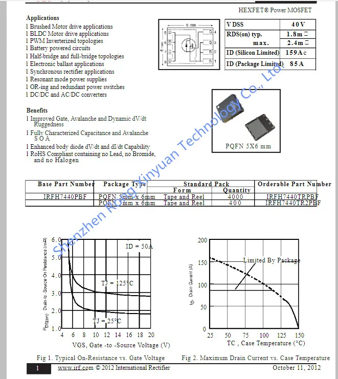 IRFH7440TRPBF IRFH7440PBF IR7440 IRFH7440 H7440 PQFN5x6-8 IRFH7440TR2PBF hexfet®MOSFET-N พลังงาน40V 159A/85A 100% ของแท้ใหม่
