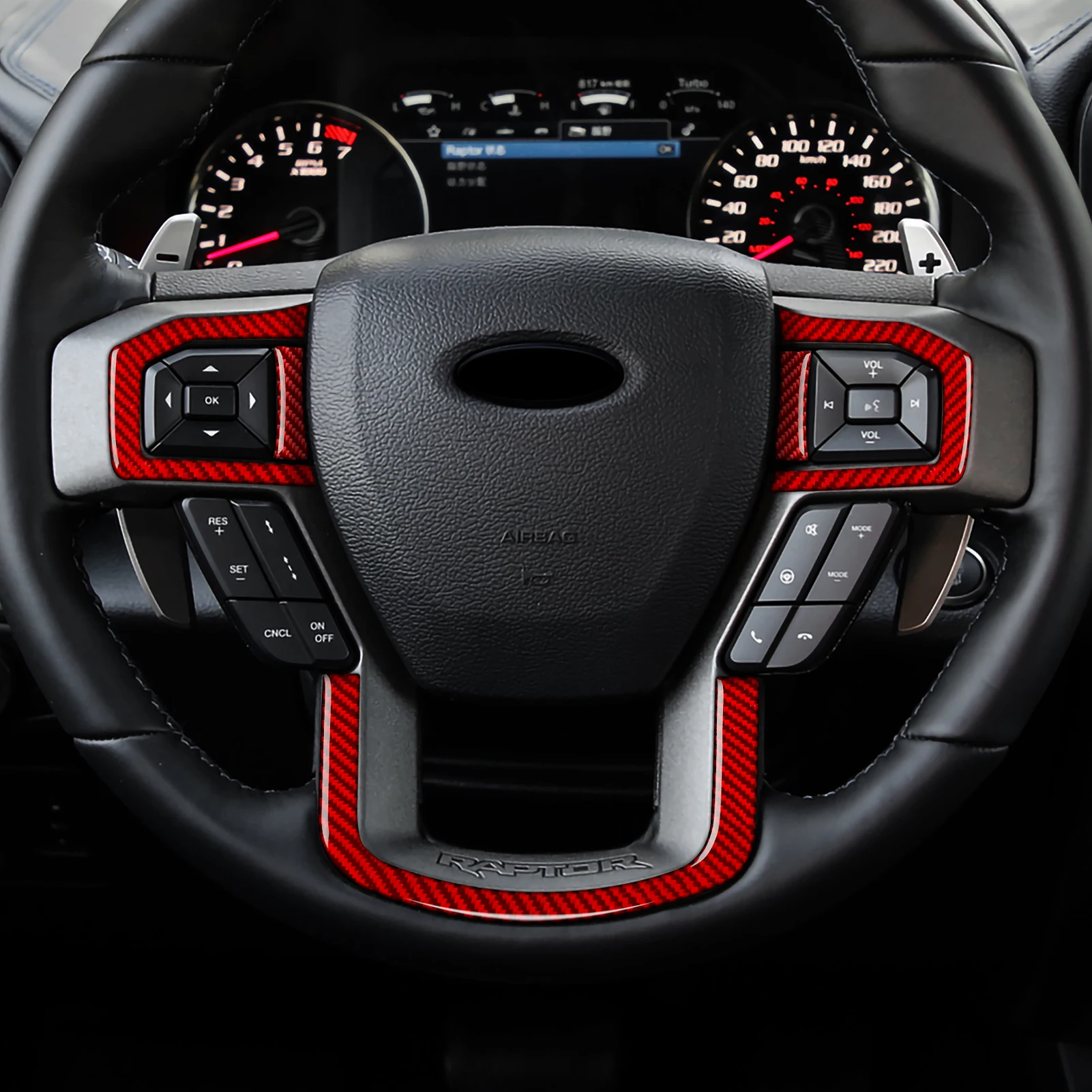 Red Carbon Fiber Interior Sticker. Car Steering Wheel Panel. For Ford F-150 250 350 450 550 (2015-2022) Trim Accessories.