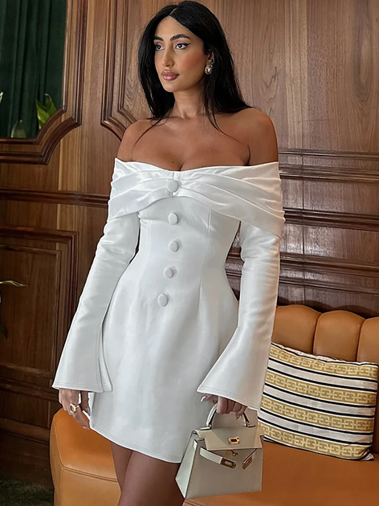 

Fantoye Sexy Off Shoulder Button Women Dress White Long Sleeve High Waist Dress Female Autumn Skinny Elegant Party Clubwear 2024