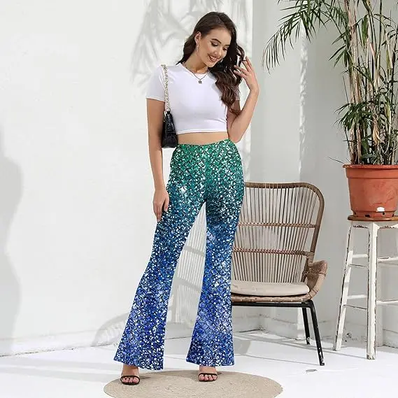 [You\'re My Secret] Women Halloween Carnival Mermaid Bell Bottom Pants Fish Scale Print High Waisted Colorful Shiny Scale Pants