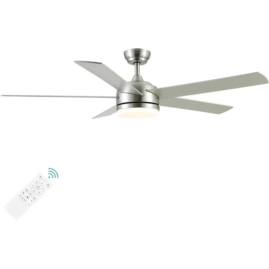 พัดลมเพดานนิกเกิลขัดเงาขนาด 60 นิ้วพร้อมไฟในตัวและรีโมทคอนโทรลสำหรับใช้ภายในหรือกลางแจ้งแบบมีหลังคา: ทำงานไร้เสียง