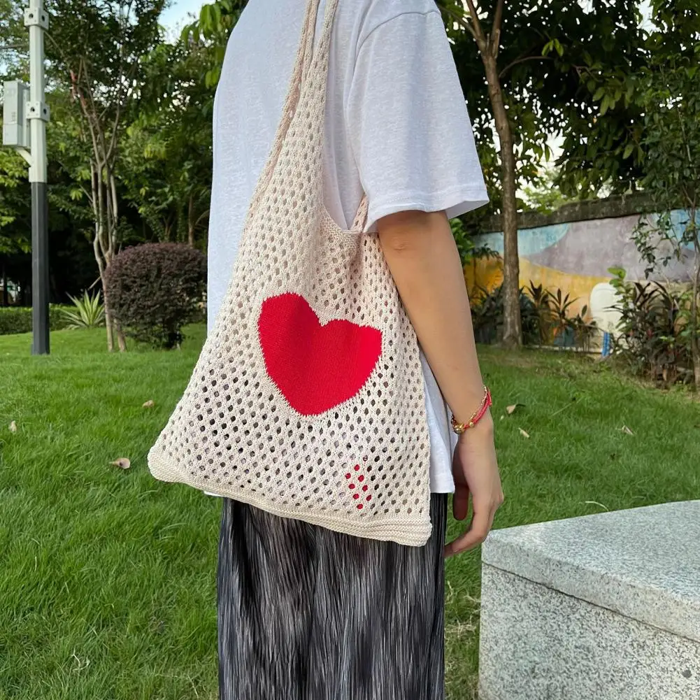 Women Knitted Shoulder Bag Crochet Heart Pattern Large Capacity Vintage Hollow Out Handbag Tote Bag bolso mujer сумка женская