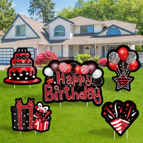 레트로 마당 표지판, 말뚝 포함, 정원 잔디 표지판, 야외 캠핑 파티 장식, 사진 소품, 80S, 90S 테마 삽입 카드, 5 개