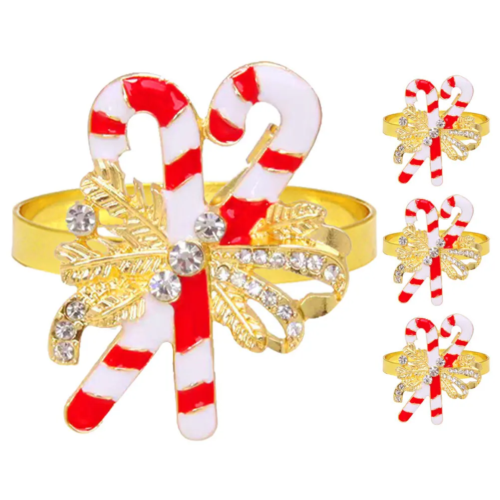 

4Pcs Candy Cane Napkin Rings Alloy Crystal Bowknot Christmas Holiday Dinner Table Wedding Banquet Serviette Buckles