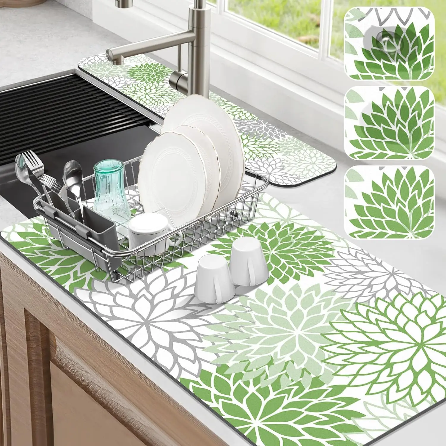 

2PCS 17" x 32" Dish Drying Mat & 24" x 5.5" Sink Splash Guard, Super Absorbent & Cuttable Dish Mat Drying Kitchen Mat w