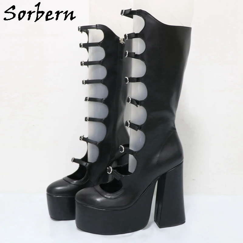 

Sorbern Black Matte Block High Heel Knee High Boots Women Gladiator Style Round Toe Unisex Style Platform Shoes Zipper Up Custom