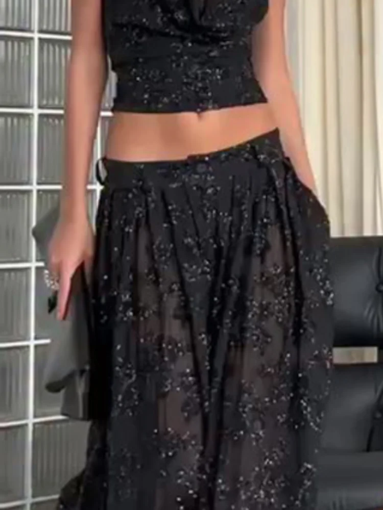 Conjunto de Pantalones y Top Halter con Lentejuelas, Top Halter sin Mangas, Pantalones Anchos de Cintura Alta, Conjunto de 2 Piezas para Mujer, Atuendo Femenino para Vacaciones