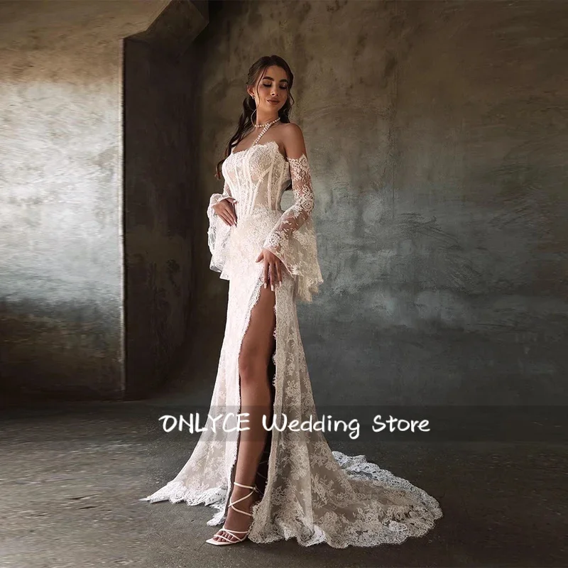 Mermaid Lace Wedding Dresses Strapless Detachable Sleeves Corset Bridal Dress Robe De Mairee ﻿Customized