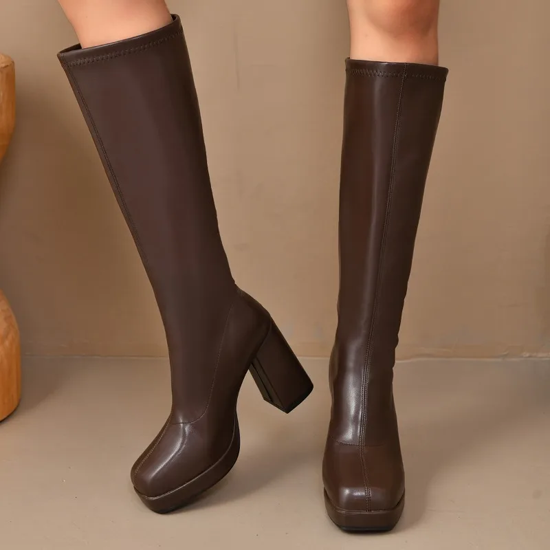 Women's Square Toe High Boots 2025 Autumn Simple Solid Color Outdoor Dress Party New Fashion Brand Designer Mid-calf Boots