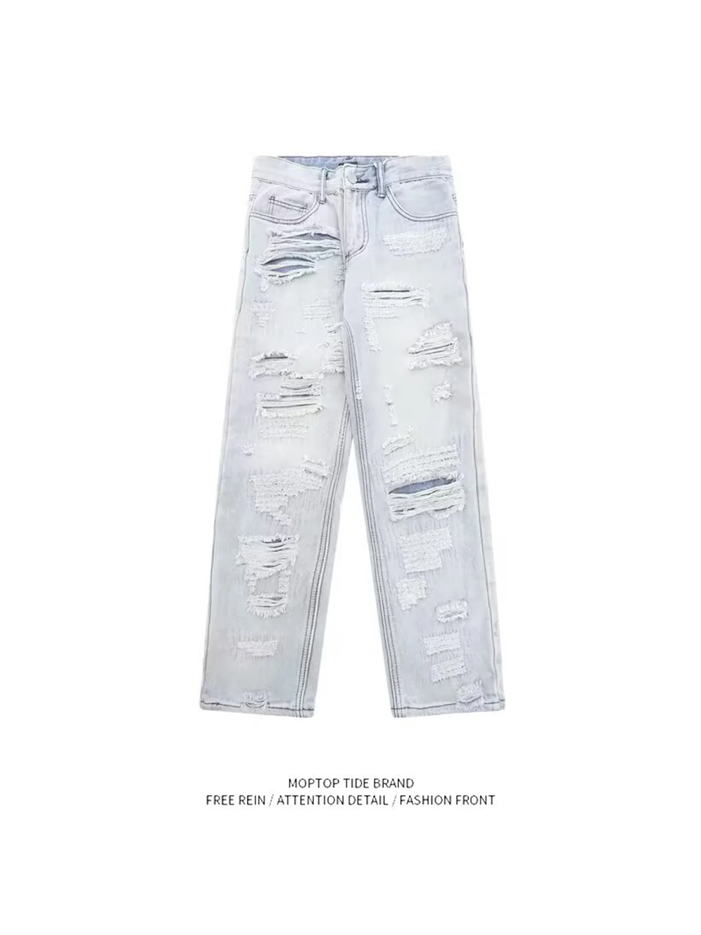 

Vintage Waed Ripped Loose Micro Flared Jeans Men High Street Ins Trendy Casual Straight Leg Loose Fit Jeans for Teens