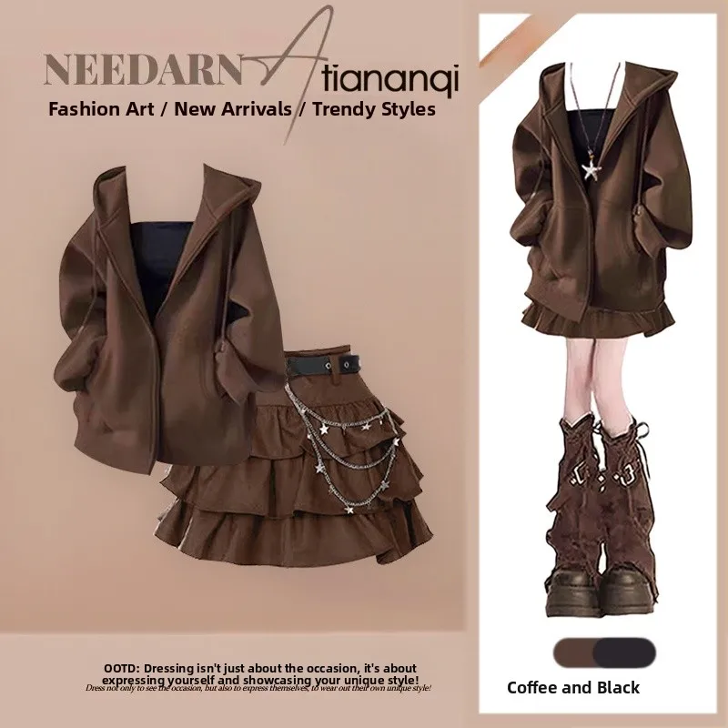 

Korean High-End Versatile Hooded Top And Puffy High Waist ort Skirt Two-Piece Set Faionable Spring Collection