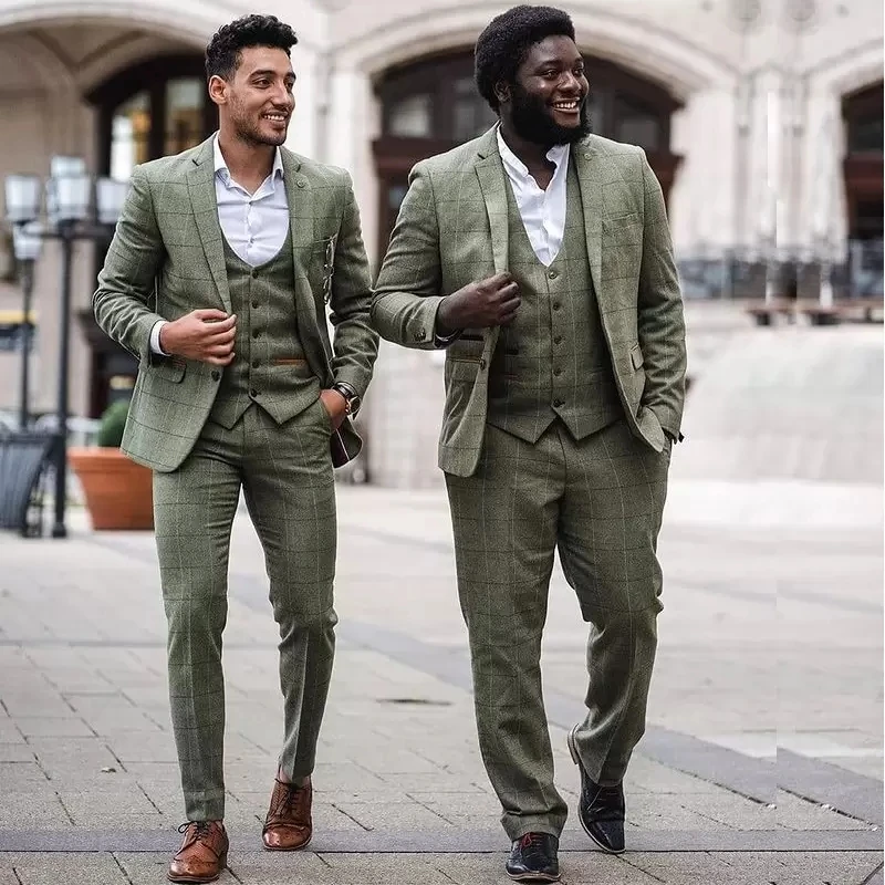 

Dark Green Men Suits Tailor-Made 3 Pieces Blazer Vest Pants Plaid Stripes One Button Formal Business Wedding Plus Size Tailored