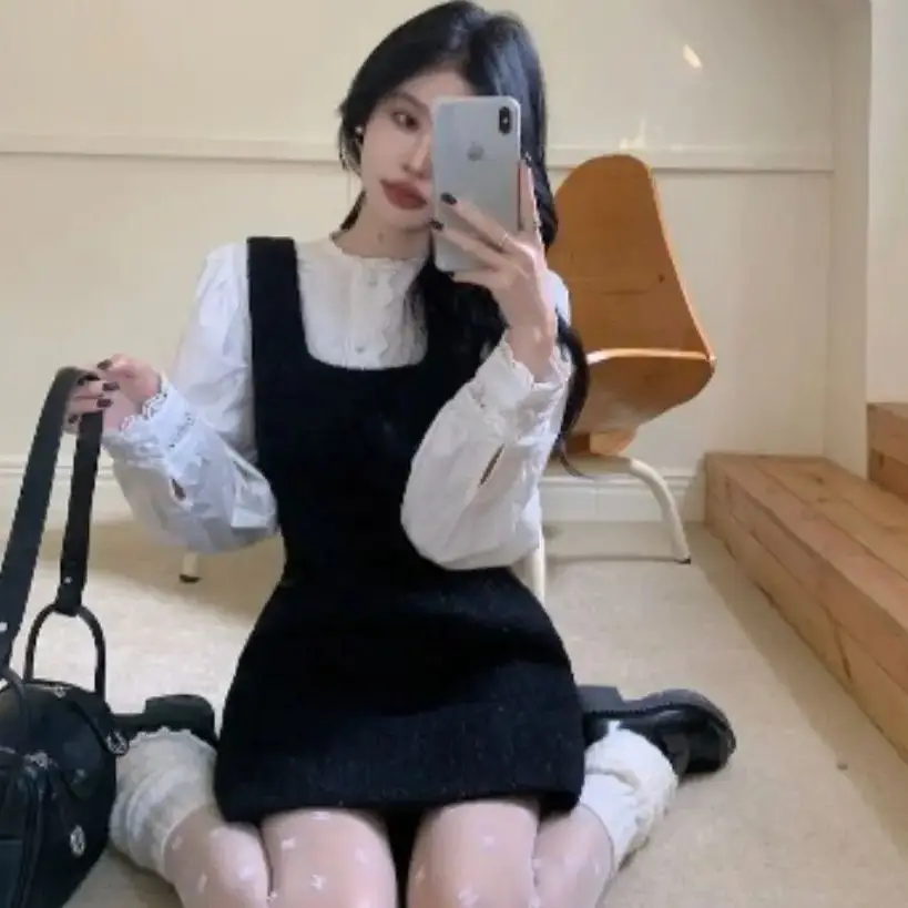 

Korea Two-Piece Set Autumn Winter New Black Small Fragrant Style Waist Vest Dress Women Fashion Long-Sleeved White Shirt Suit