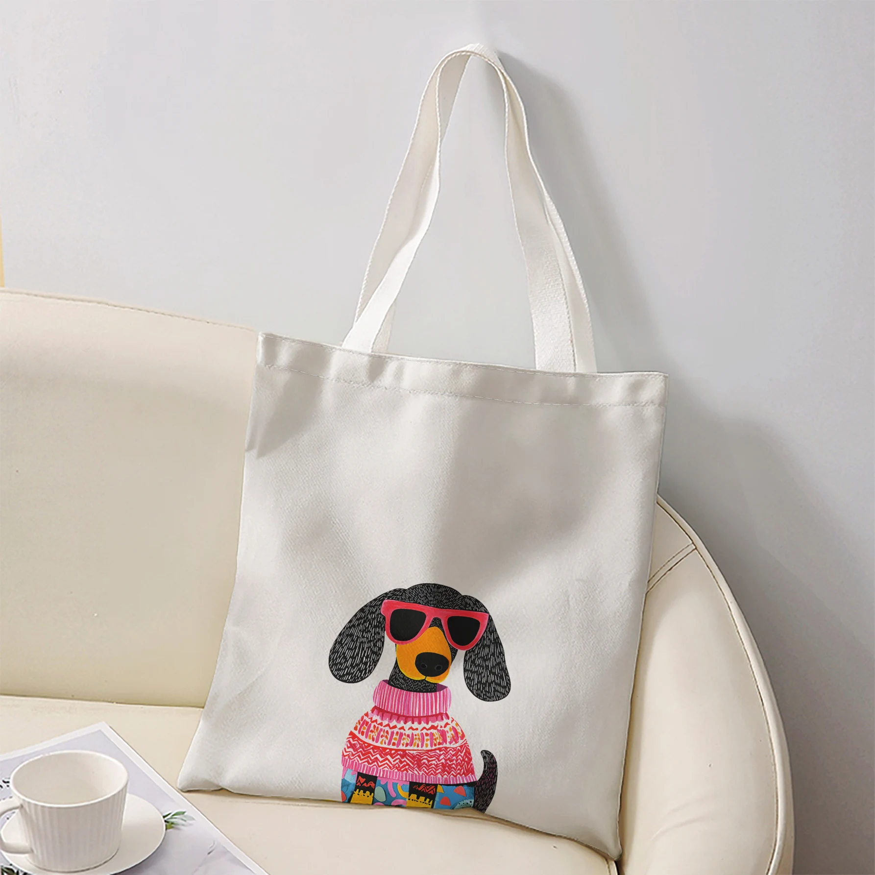 Dachshund Dog Wearing Pink Sunglasses And Knit Sweater Print Tote Bag Large Shoulder Handbag For Shopping Daily Commute