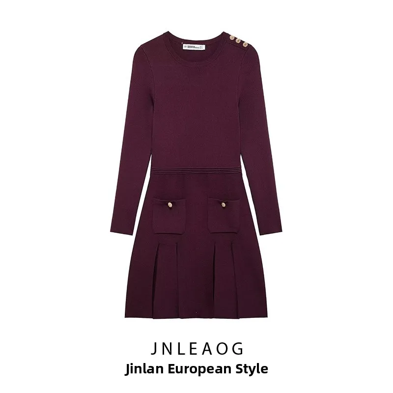 Faionable ort Pleated Knitted Dr JNLEAOG Women's Casual Sle Polyester Fiber Long Sve round Ne A-Line Skirt