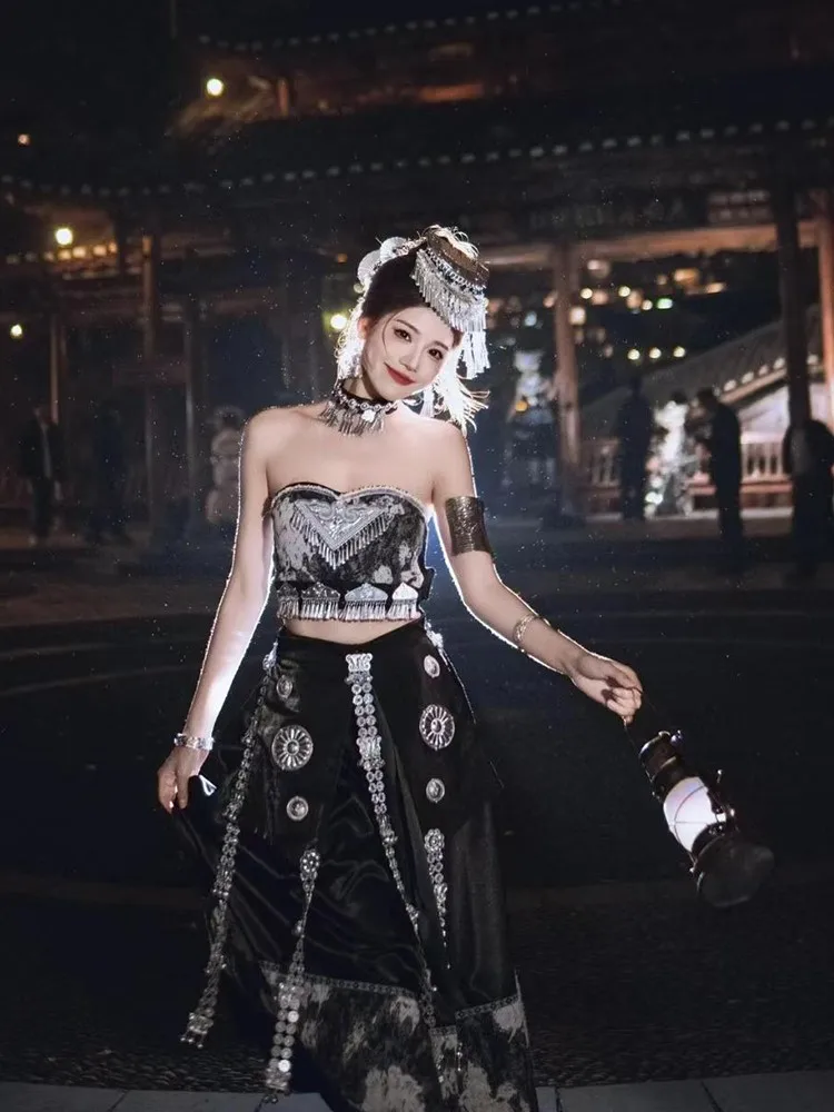 

Smoke-colored pearl-textured strapless ribbon long dress ethnic style performance costume