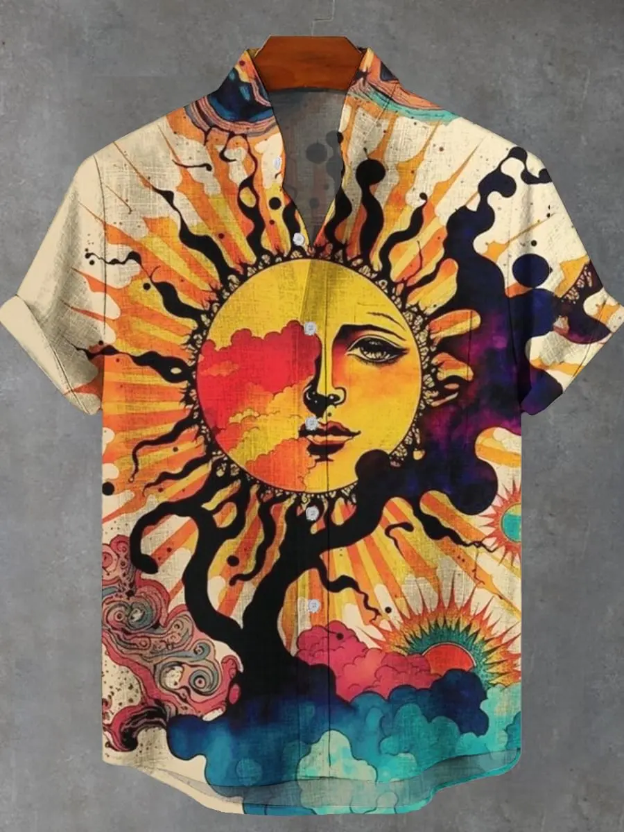 

2025 fashionable 3D printed sun pattern men's summer casual loose linen pocket short sleeved stand up collar large shirt