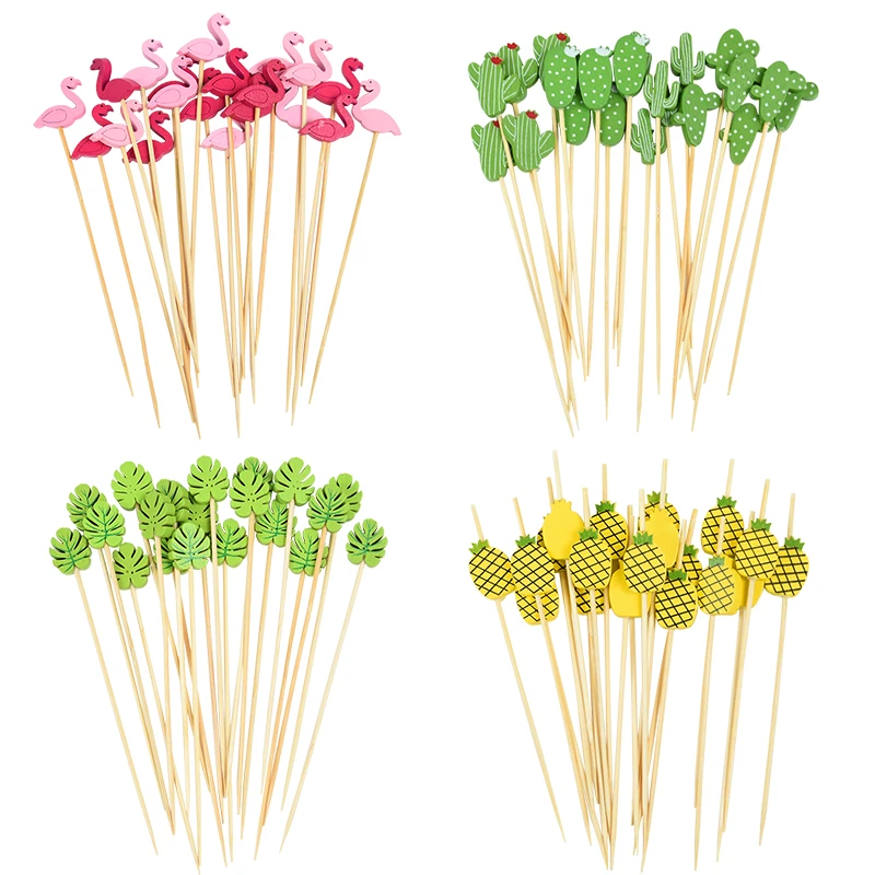 100Pcs Hawaiian Tropical Toothpick Palm Leaf Flamingo Pineapple Cupcake Fruit Picks Decorations for Summer Beach Party Supplies