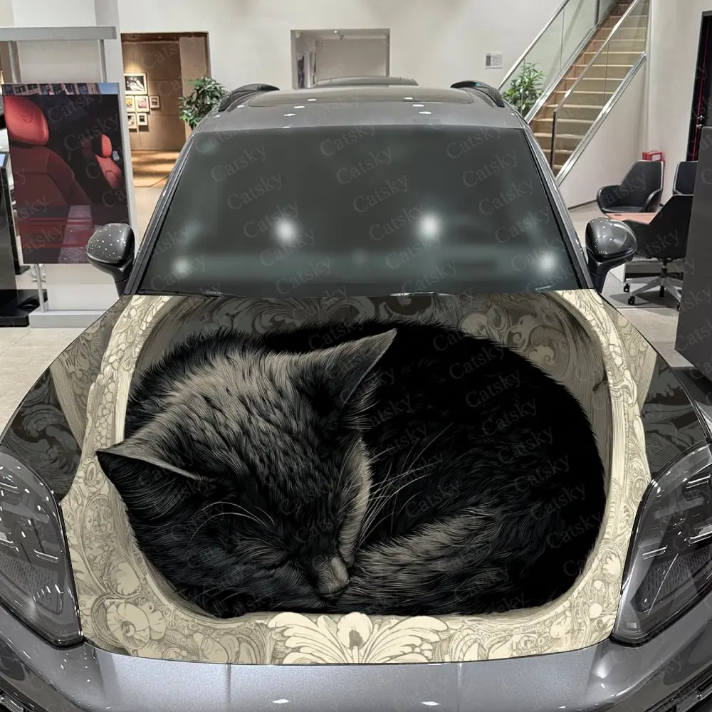 Sleeping Skull Black Cat PVC Car Hood Sticker,Waterproof Self-Adhesive Vinyl Graphics Decals,Decor Auto Accessories Stickers