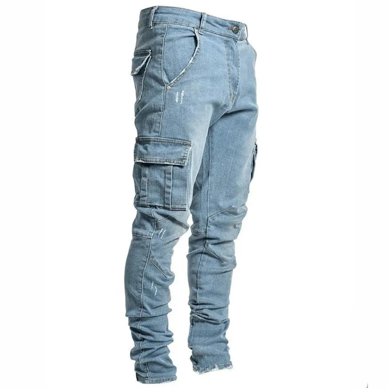 

Y2K Men Jeans Pants Wash Solid Color Multi Pockets Denim Mid Waist Cargo Jeans Plus Size Fashion Casual Trousers Male Techwear