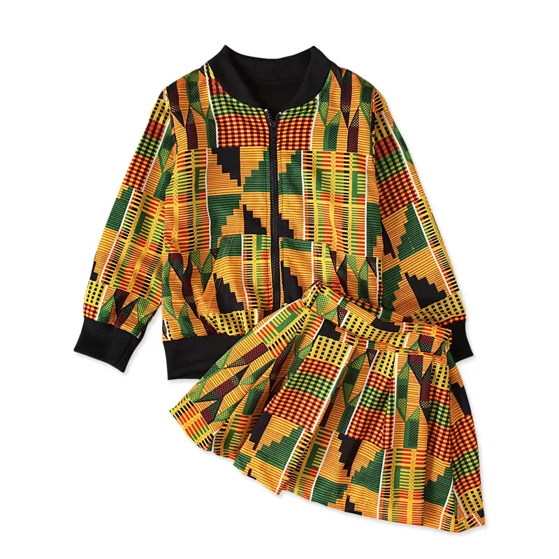 2Pcs Set African Dresses Kids Fashion Print Girls Zipper Coat Skirts Dashiki Bazin Fashion Children Riche Ankara African Clothes