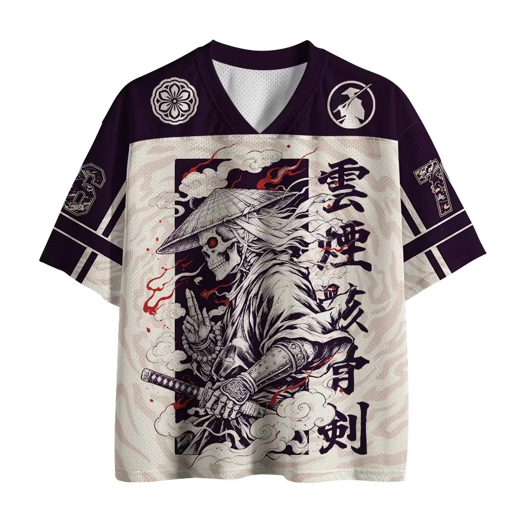 Ukiyo-e Style V-Neck Quick-Dry T-Shirt: Features A Samurai Skull Print, Blending Mythological Flair with A Trendy Aesthetic.