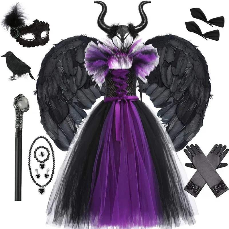 

Halloween Witch Dress Girl Evil Queen Cosplay Costume Handmade Knitted Tulle Tutu Ruffles Floor Length Princess Outfits