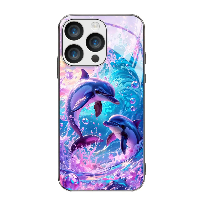 

The new dolphin playing in water pattern electroplated glass phone case is suitable for iPhone 17, 16, 15, 14, 13, 12, 11, etc.