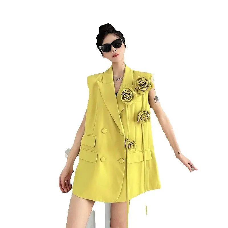 

Spring Summer Suit Jacket Waistcoat Women New Fashion loose Casual Suit Vest Coat Pure Colour Flower Sleeveless Outerwear Female