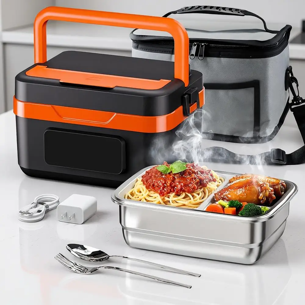 

Electric Heated Lunch Box: 6.3-Cup Portable Food Warmer with 75W Fast Heating & Type-C, Leak Proof Stainless Steel Container for