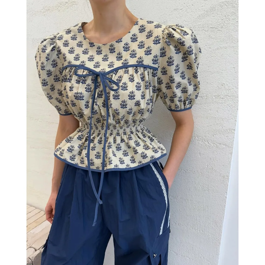 

Модная женская блузка с цветочным принтом и завязками, весна-лето, новый стиль, с рукавами-фонариками, приталенная, коллекция Dongda Gate 2026