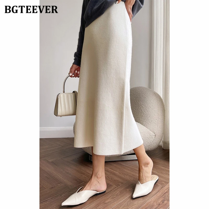 BGTEEVER Autumn Winter Elastic Waist Ladies Knitted Skirts Elegant Split Package Hip Mid-length Sweater Skirts for Women