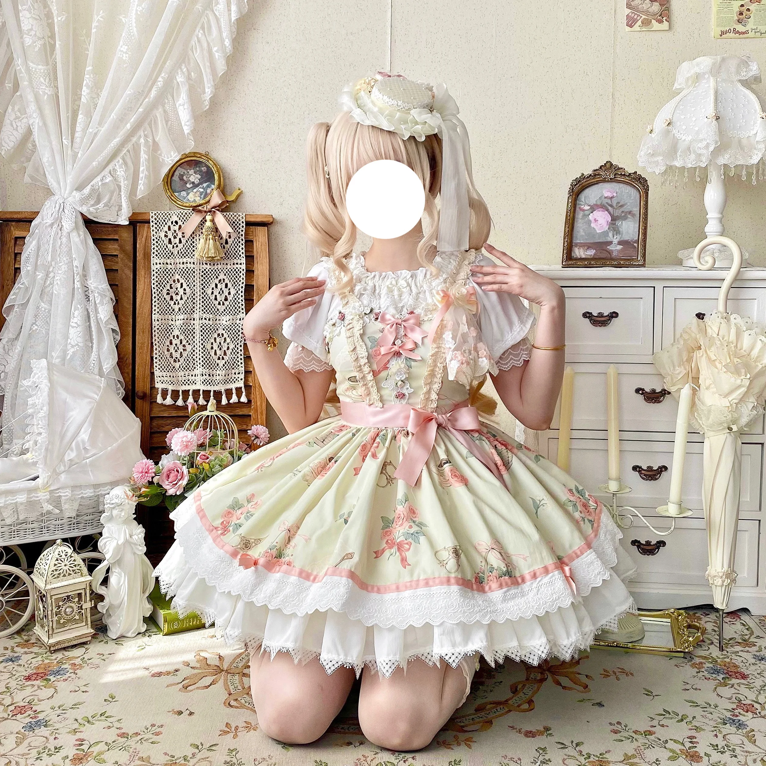 

Оригинальное летнее платье Лолиты с принтом на бретельках, японское милое короткое платье Лолиты для девочек, студенческое платье для чаепития