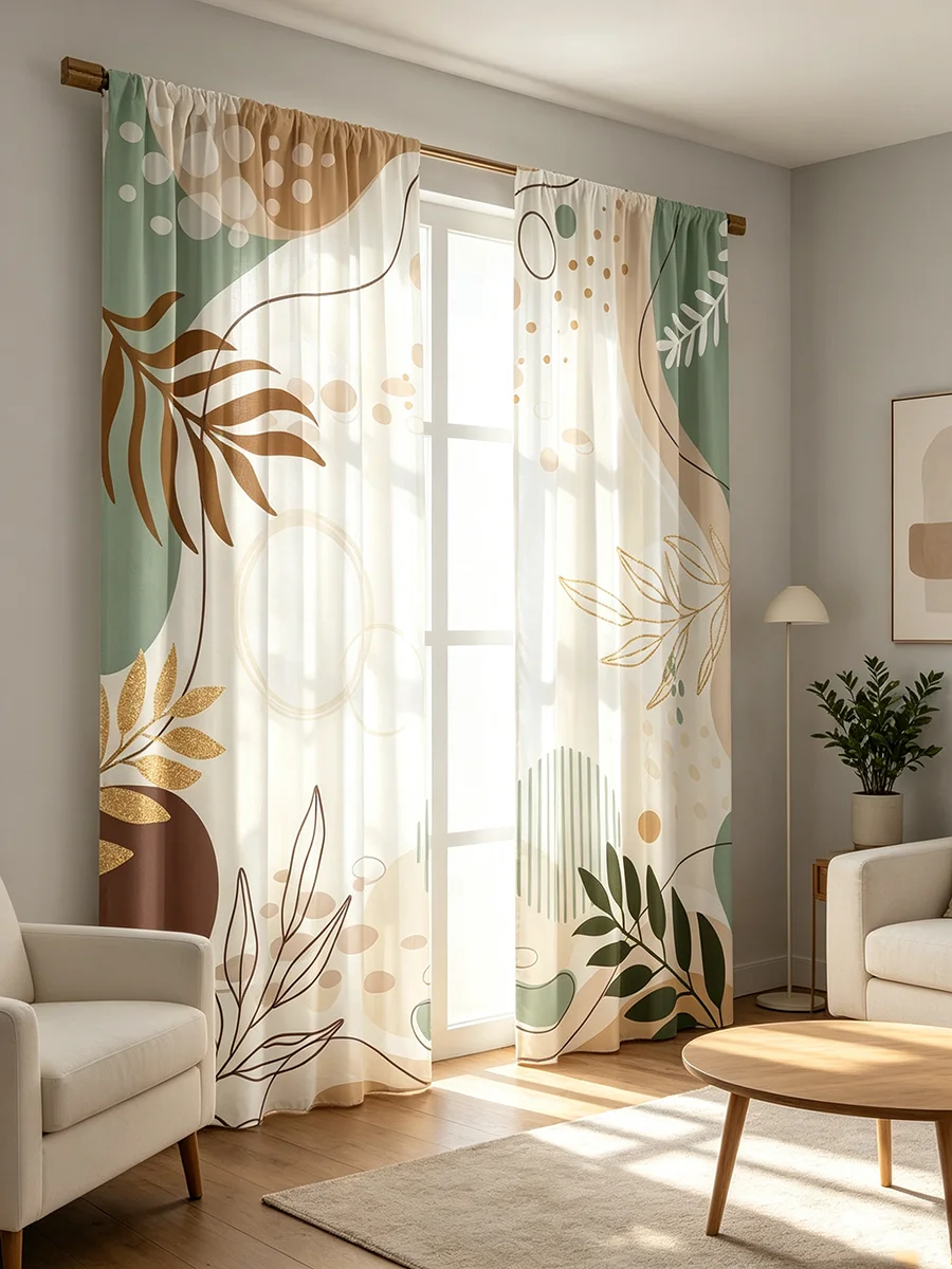 2PCS Digital Printed Curtains, Morandi Abstract Plant Leaf Pattern, Nordic Minimalist Style for Living Room Bedroom Home Decor