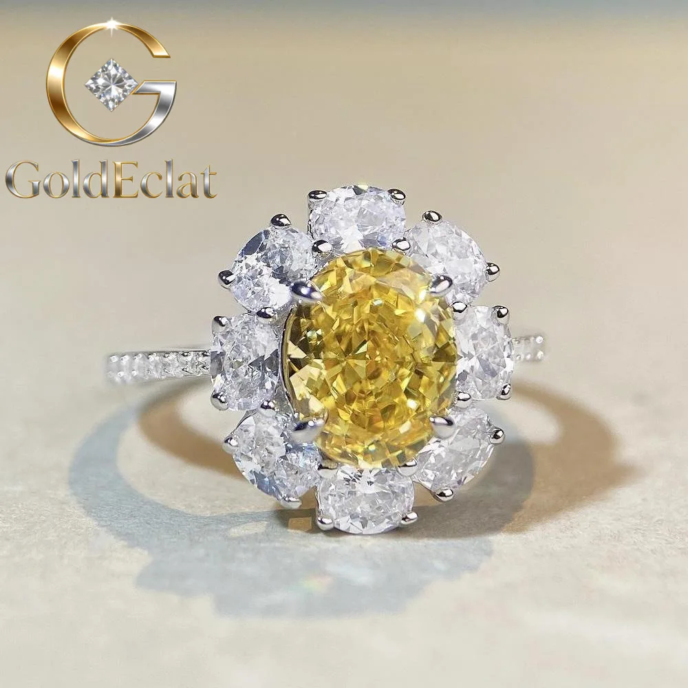 

GoldEclat Luxury Solid Platinum PT950 Women's Ice Flower Cut Yellow Diamond Flower Moissanite Diamond Ring Four Claw Ring
