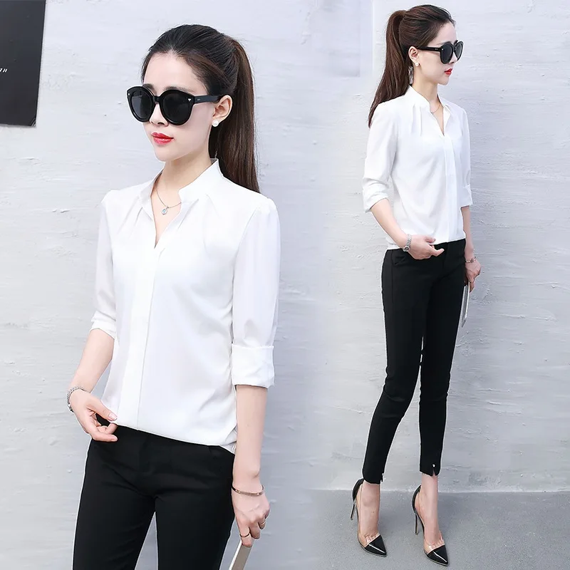 Women Ol Formal Long Sleeve Chiffon Shirt Breathable Summer Spring Fashion Sexy V-Neck Blouse Korean Version Fashion Office Tops