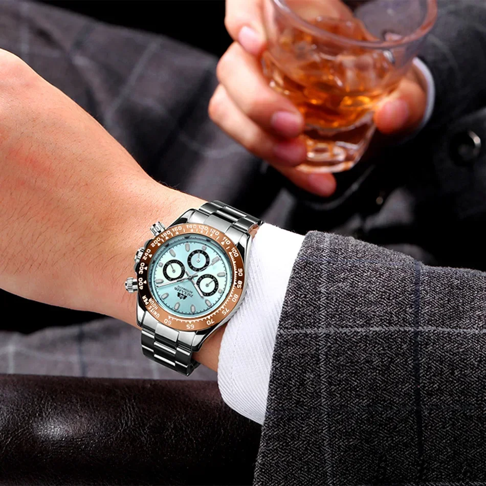 Automatic Mens Watch Self Wind Mechanical Gold Stainless Steel Glacier Ice Blue Dial Chestnut Brown Bezel Luminous Men Watches