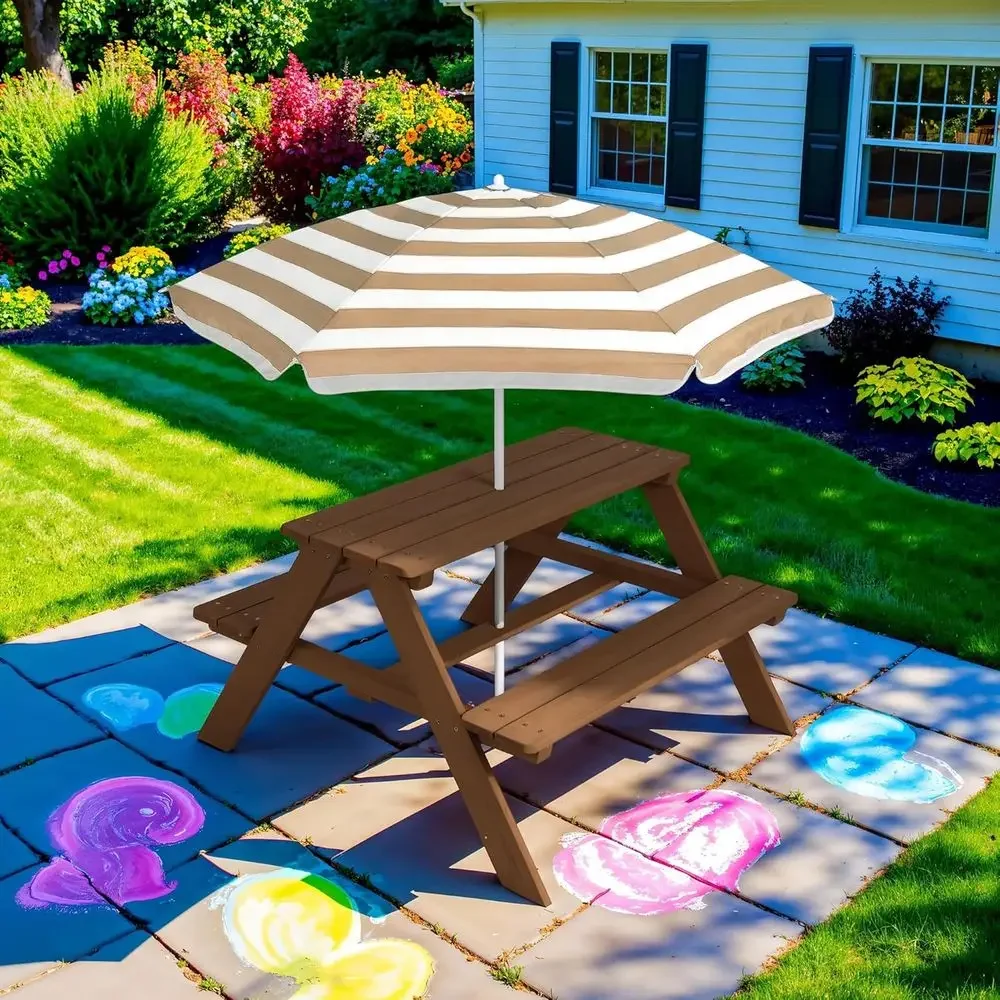 Durable Wooden Picnic Table for Kids with Umbrella and Built-in Benches, 220 lbs Capacity per Bench, Walnut/Beige